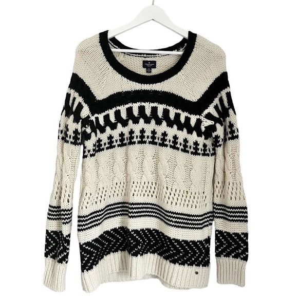 American Eagle Wool Cable Knit Fair Isle Knit Sweater Black White Size Medium - Picture 1 of 9